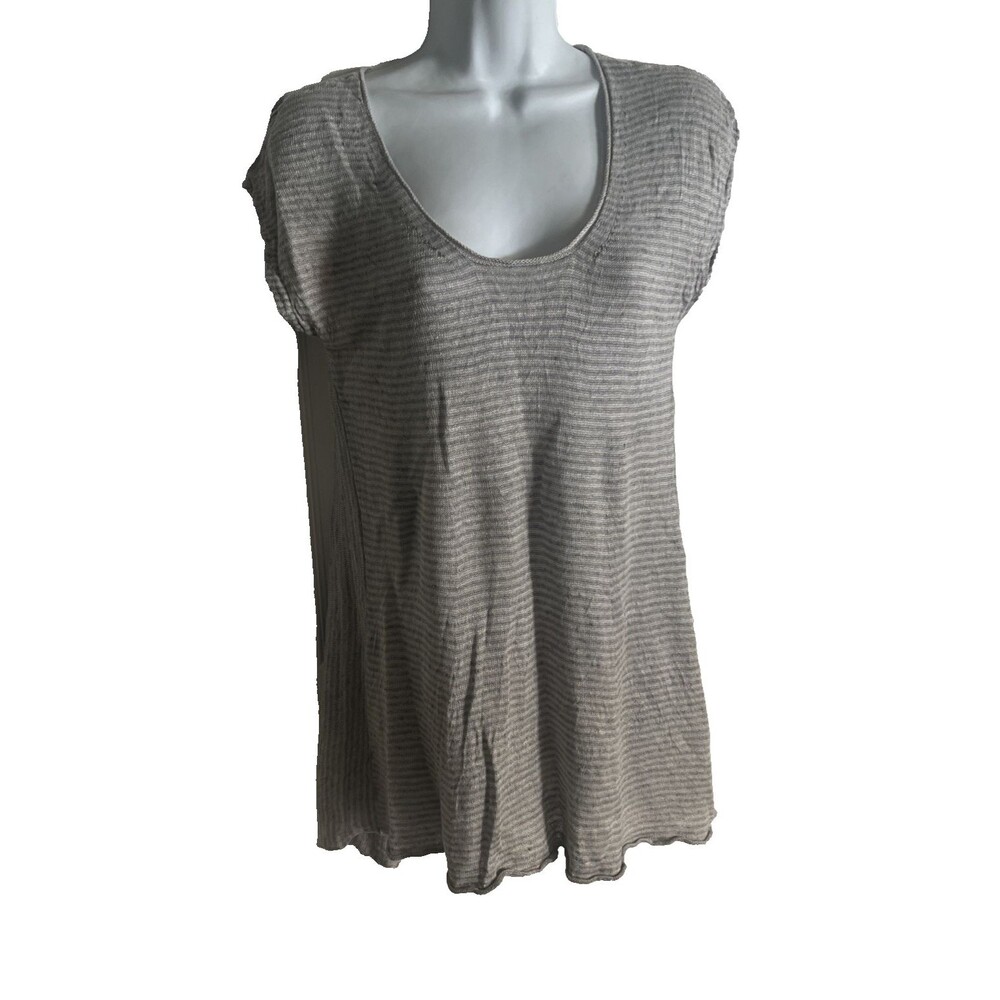 Eileen Fisher 100% Linen Tunic Top Women Size M Grey Striped Hi Lo Short Sleeve